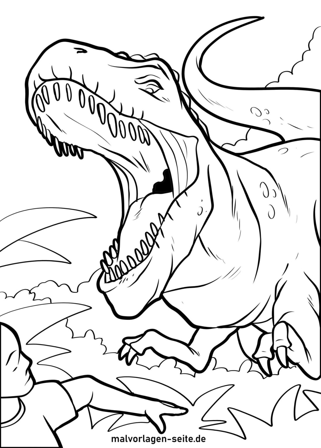 Bild von ein-kinderleichter-weg-t-rex-auszumalen-malvorlage